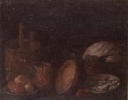 unknow artist Still life of apples and herring in bowls,a beaten copper jar,a pan and other kitchen implements Sweden oil painting artist